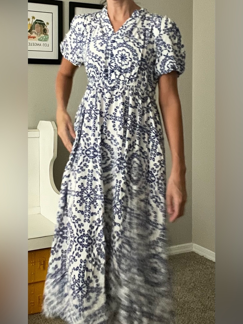 Women’s White and Navy Printed Maxi Dress